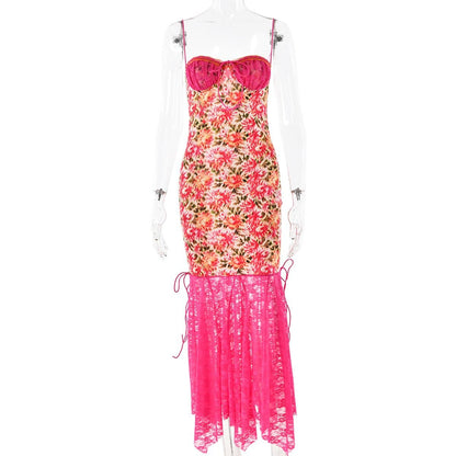 Lace patchwork ruffle knotted print cami midi dress