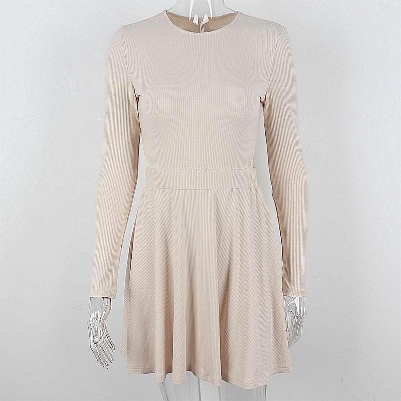 Ribbed long sleeve solid button hollow out crewneck cut out mini dress