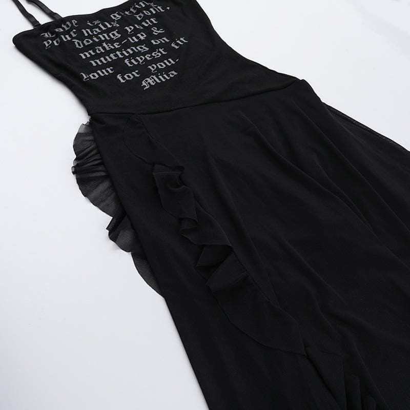 Mesh slit letter print ruffle cami maxi dress