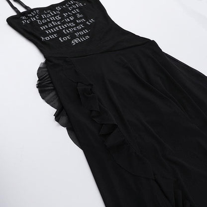 Mesh slit letter print ruffle cami maxi dress