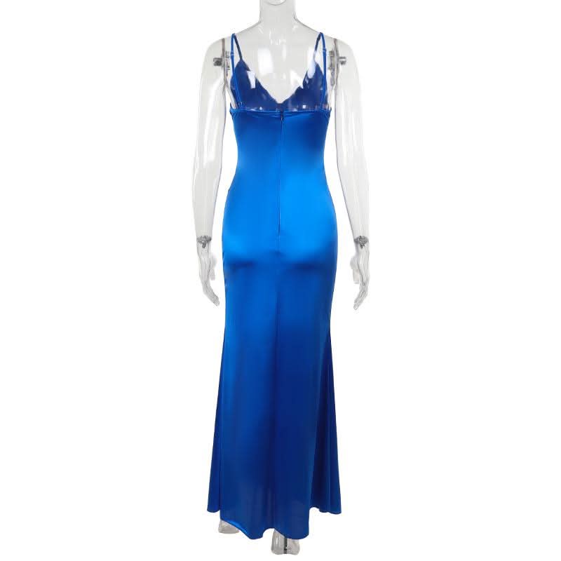 V neck ruched slit zip-up cami maxi dress