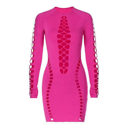 Crew Neck Long Sleeve Hollow-Out Cutout Bodycon Mini Dress