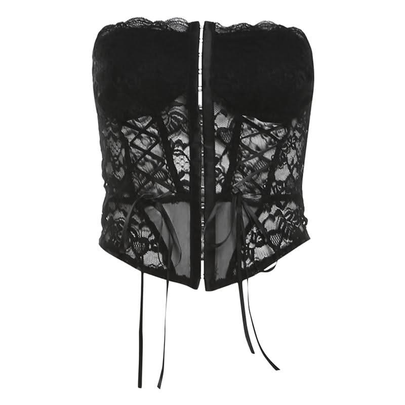 Lace hollow out lace up button tube cut out top