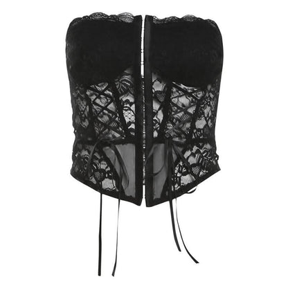 Lace hollow out lace up button tube cut out top