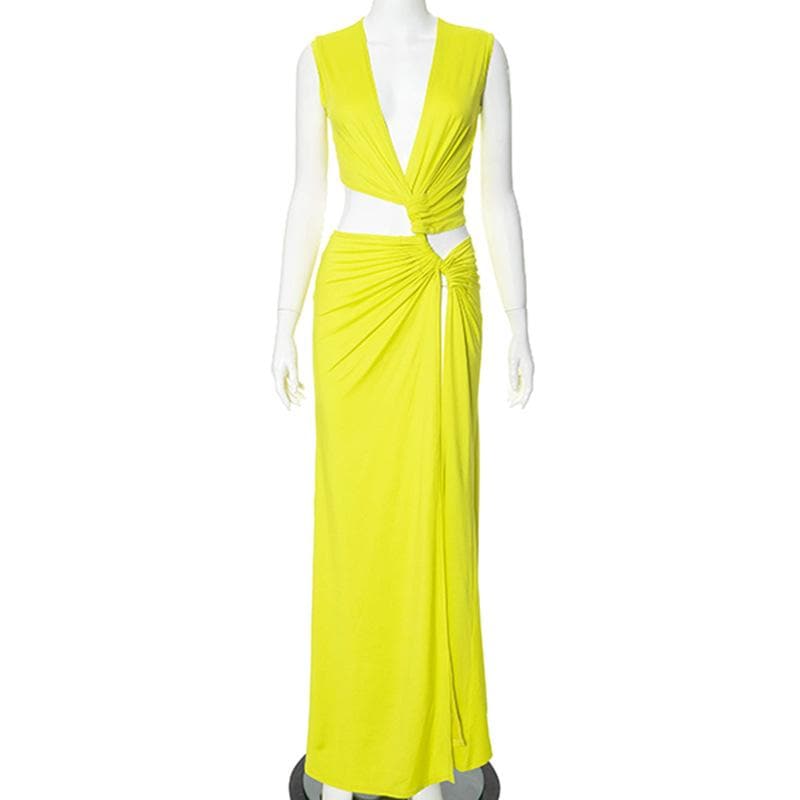 V neck sleeveless high slit ruched maxi dress