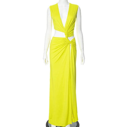 V neck sleeveless high slit ruched maxi dress