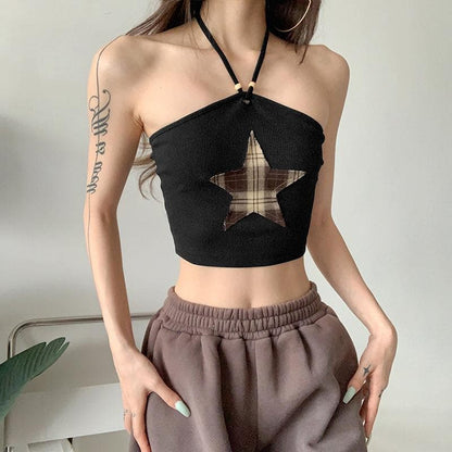 Halter contrast star pattern self tie backless crop top