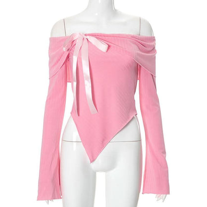Irregular off shoulder bowknot ribbon long sleeve top