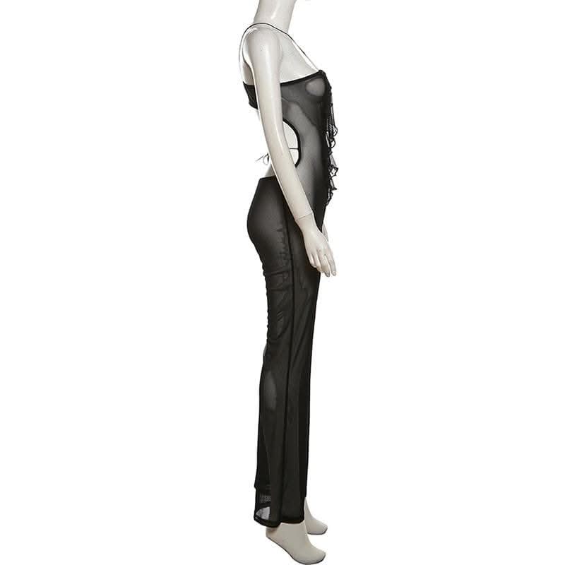 Sheer mesh solid ruffle see through cross front jumpsuit-final-sale