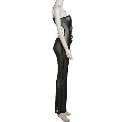 Sheer mesh solid ruffle see through cross front jumpsuit-final-sale