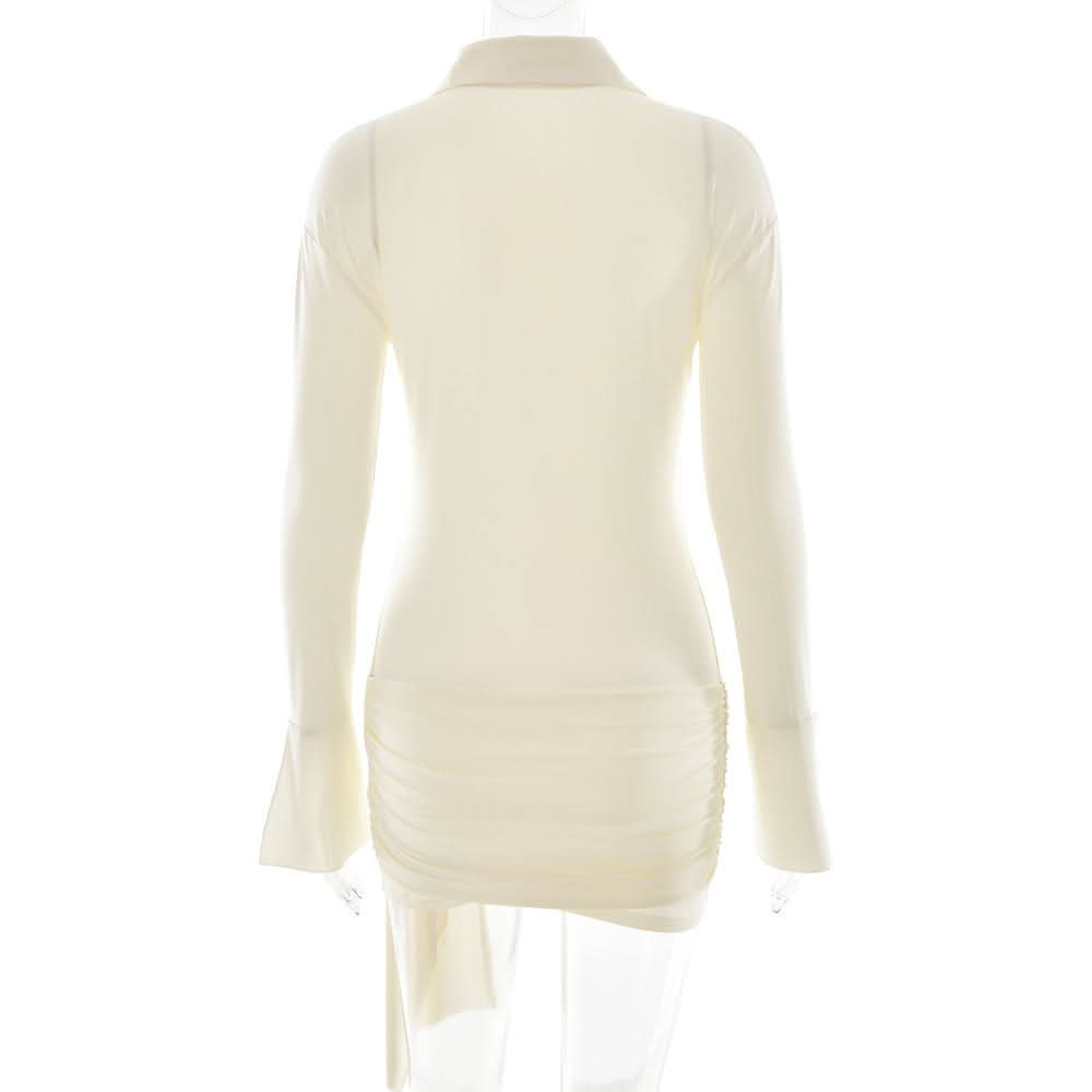 Turnover collar long sleeve button ruched mini dress
