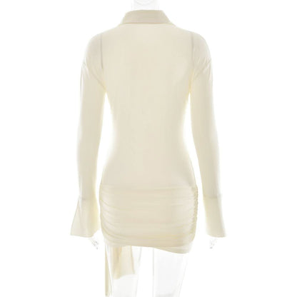 Turnover collar long sleeve button ruched mini dress