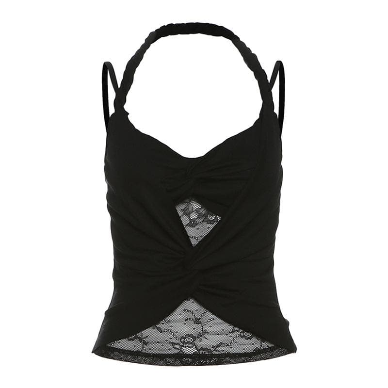 Halter ruched lace patchwork v neck cami top