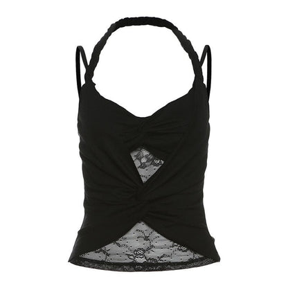 Halter ruched lace patchwork v neck cami top