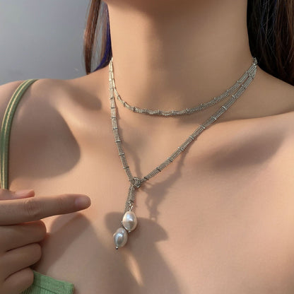 Layered faux pearl pendant choker necklace