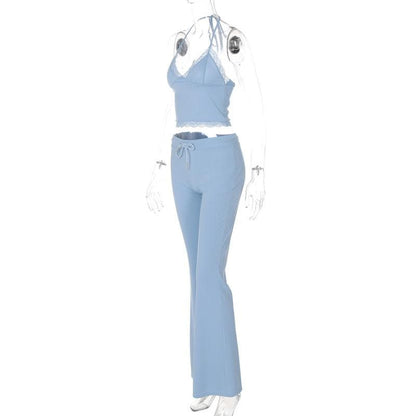 Halter v neck drawstring ruched lace hem pant set