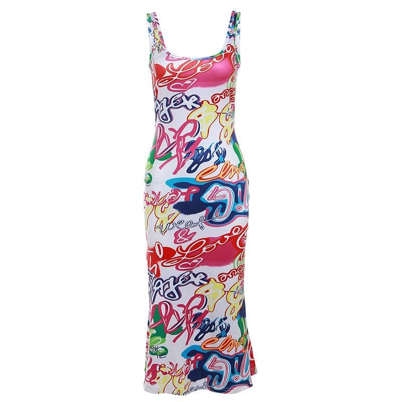 Graffiti Print Sleeveless Scoop Neck Bodycon Trumpet Hem Midi Dress