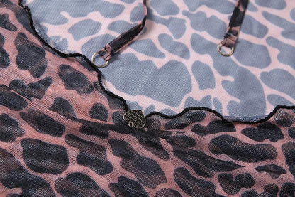 Sheer mesh leopard print contrast see through self tie backless mini dress