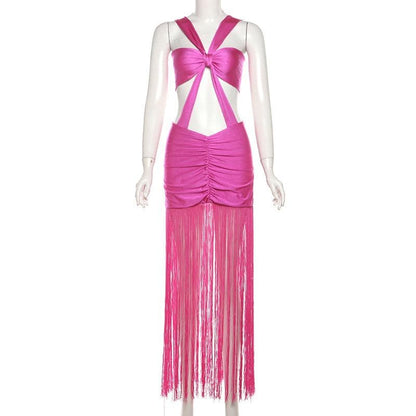 Ruched knotted tassels metallic cami mini dress