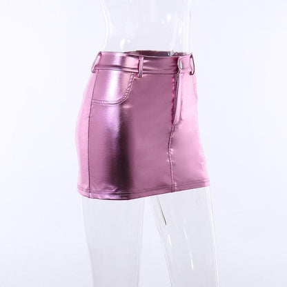 Metallic solid pocket high rise mini skirt