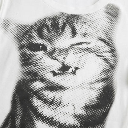 Long sleeve crewneck cat print top