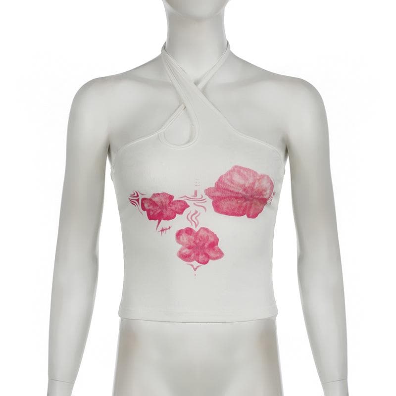 Halter hollow out flower print backless cut out top