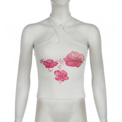 Halter hollow out flower print backless cut out top