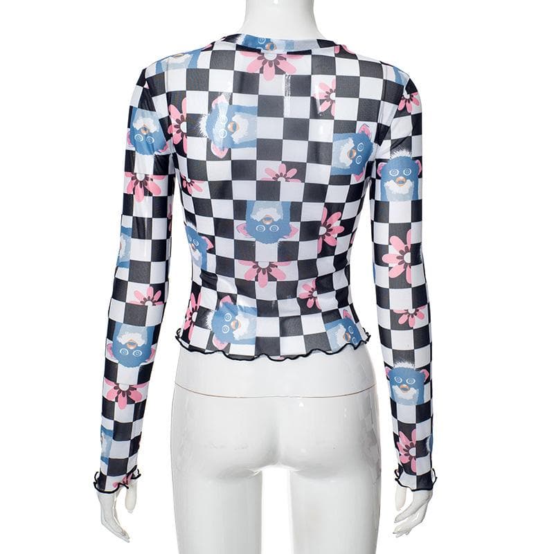 Long sleeve plaid print sheer mesh top