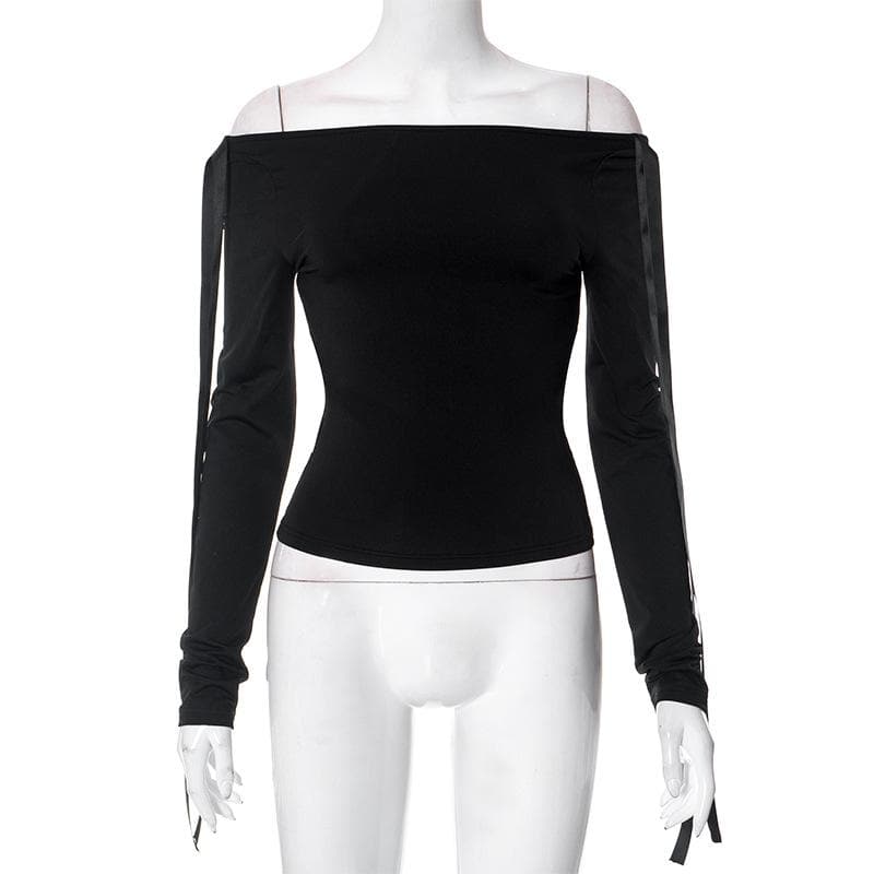 Bowknot solid long sleeve off shoulder 2-way top