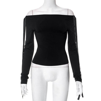 Bowknot solid long sleeve off shoulder 2-way top