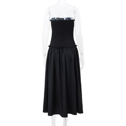 Smocked ruffle ruched lace up backless tube midi dress
