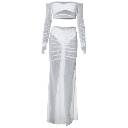 Long sleeve off shoulder ruched mesh maxi skirt set