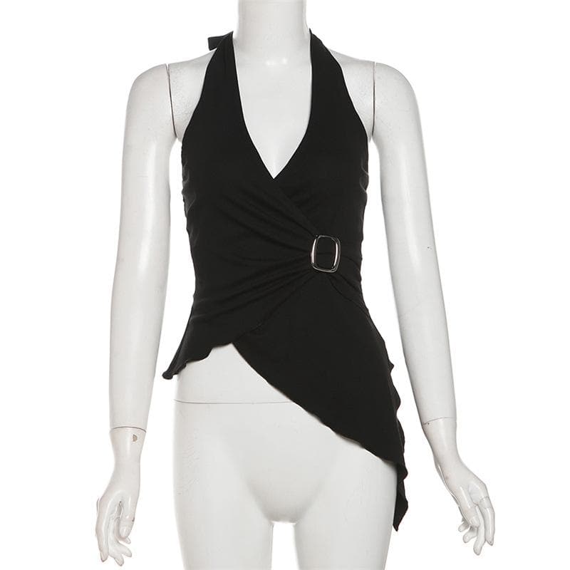 Halter buckle ruffle irregular ruched top