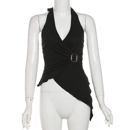 Halter buckle ruffle irregular ruched top