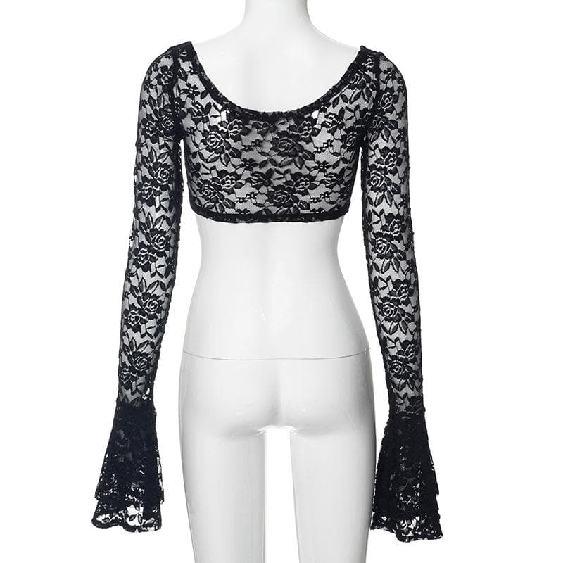 Long flared sleeve lace u neck button backless crop top