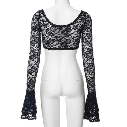 Long flared sleeve lace u neck button backless crop top