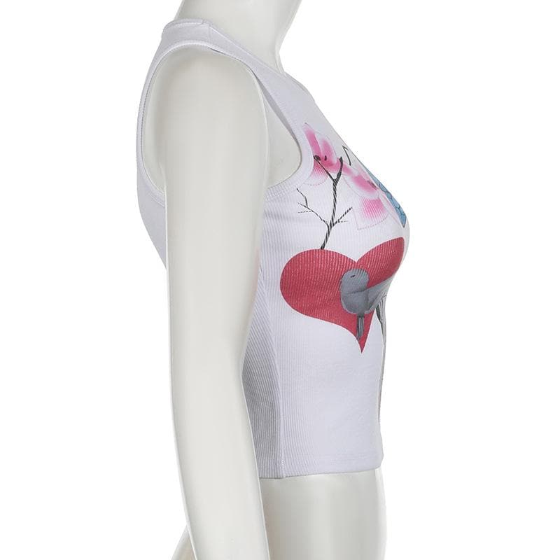 Round neck butterfly print ribbed tank top