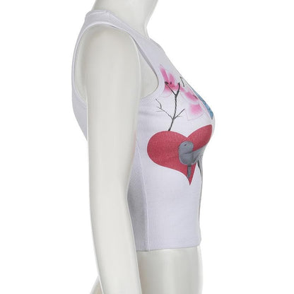 Round neck butterfly print ribbed tank top