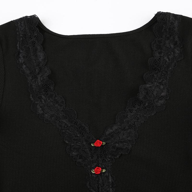 Short sleeve v neck ruffle lace hem ribbed top