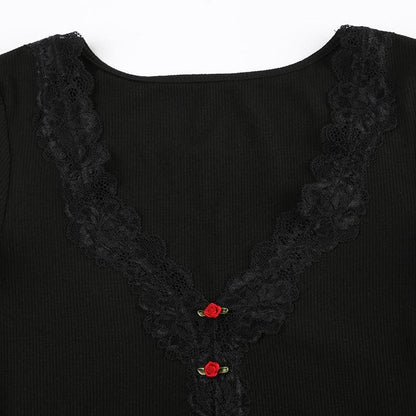 Short sleeve v neck ruffle lace hem ribbed top