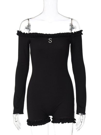 Long sleeve off shoulder ribbed romper