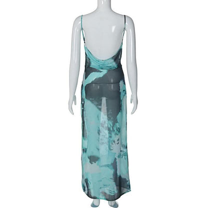 Slit chiffon tie dye contrast backless cowl neck cami maxi dress-final-sale