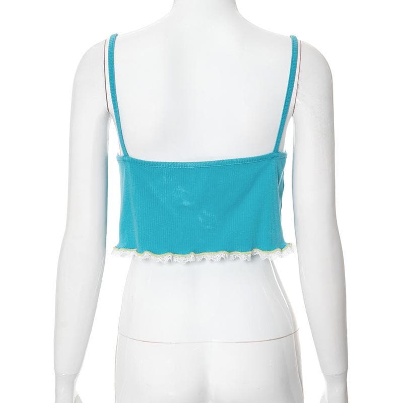 Lace hem ruffle bowknot ribbed cami crop top