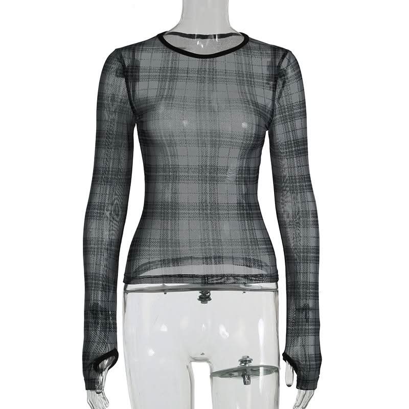 Long sleeve plaid crewneck mesh top