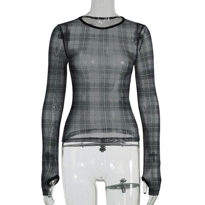 Long sleeve plaid crewneck mesh top
