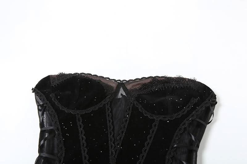 Sweetheart neck velvet lace up mesh beaded mini dress