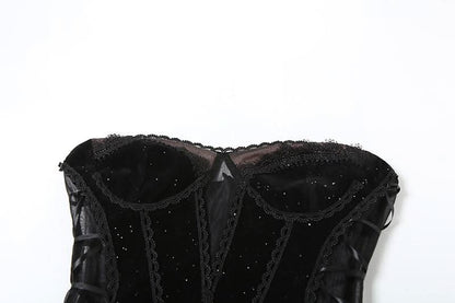 Sweetheart neck velvet lace up mesh beaded mini dress