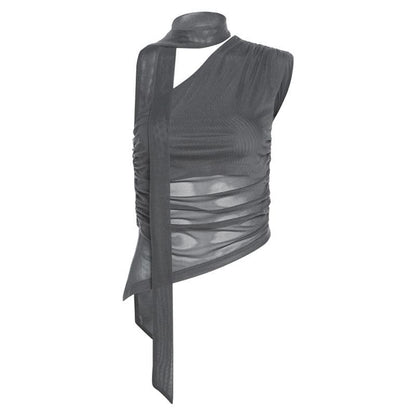 One shoulder mesh ruched slit irregular top