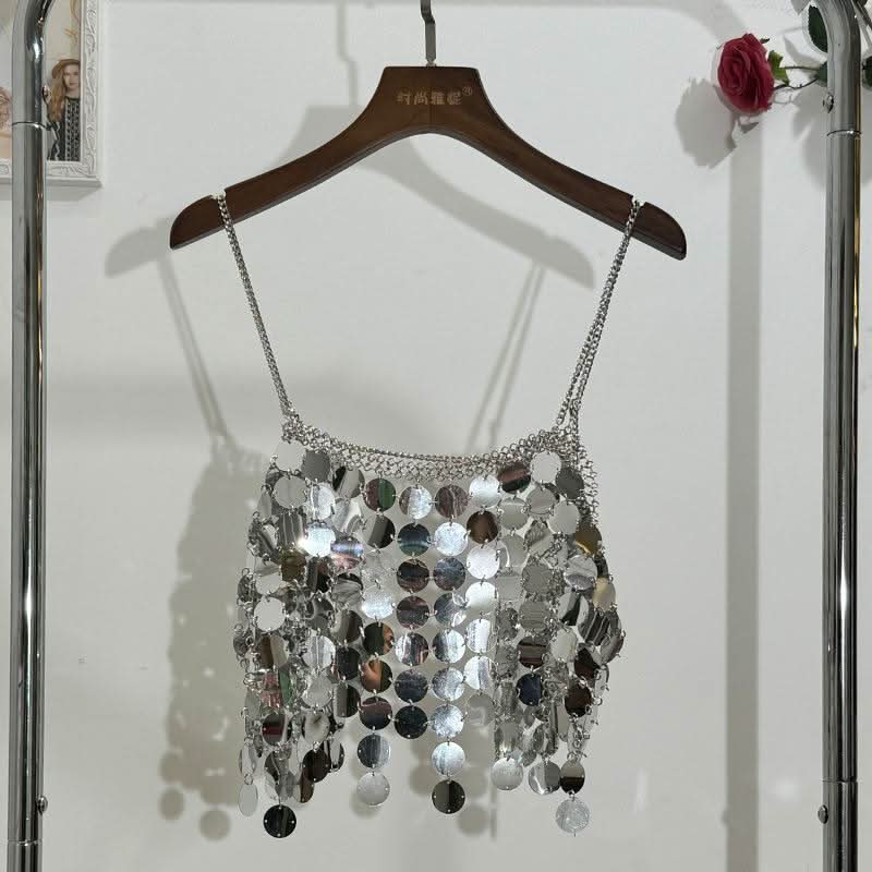 Glitter metal chain hollow out square neck cami cut out top