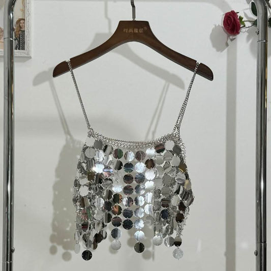 Glitter metal chain hollow out square neck cami cut out top
